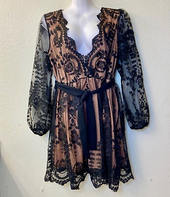 #ad BOOHOO Dress Womans 14 Boutique Black Lace Plunge Skater Dress Lined Holiday NEW $27.84