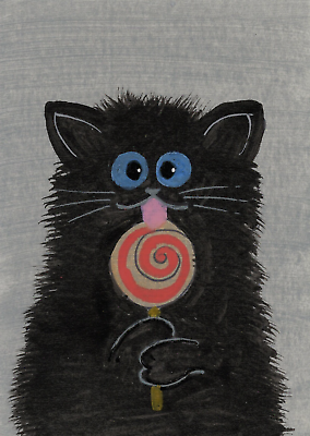 #ad ACEO *Print* of Original Art Card Black Kitty Cat Kitten amp; Lollipop by Saulite $4.99