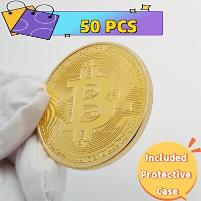 #ad ✅ 50 Pcs Physical Bitcoin Commemorative Coin Gold Plated Collection Collectible $36.66