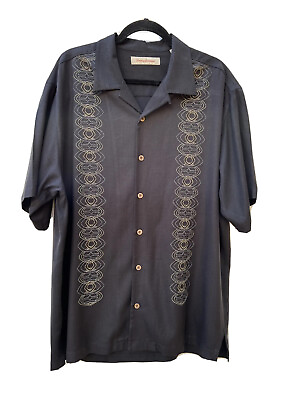 #ad Tommy Bahama 100 Silk Embroidered Shirt Black Button Front Mens Large BC $18.71