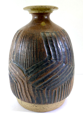 #ad VTG Pond Farm Don Lewis Pottery Vase Ceramic Pottery Tan Brown MED 8quot; DS66 $150.00