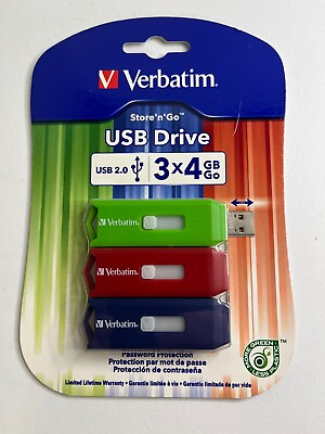 #ad Verbatim 3Pk 4GB Flash Drive USB 2.0 Store N Go Red Green Blue NEW $9.99