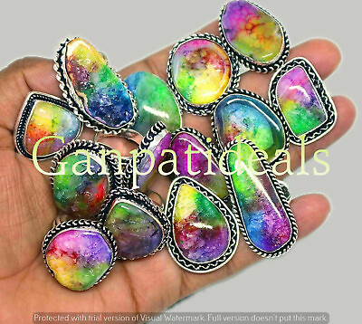 #ad Solar Druzy Gemstone 5 Pcs Wholesale Lot 925 Sterling Silver Plated Ring Lots $14.24