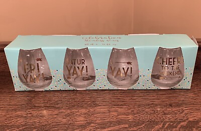 #ad Set Of 4 TMD CELEBRATION 16oz Stemless Wine Glasses: Cheers To The Weekend •Gold $17.49