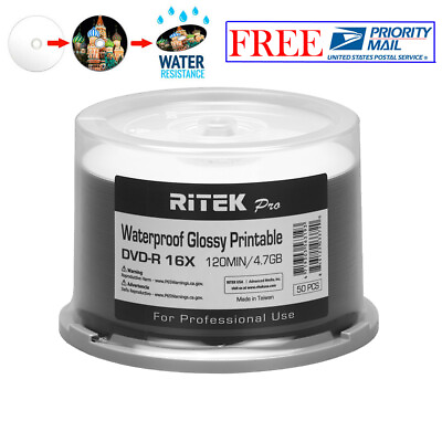 #ad 50 Ritek Pro DVD R 16X 4.7GB Water Resistant Glossy White Inkjet Printable Disc $25.99