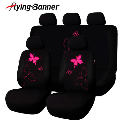 #ad Universal Car Seat Covers Full Set Rear Split Black Pink Lace Butterfly Elegant $41.99
