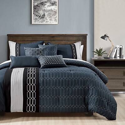 #ad HIG 7 pieces Luxury Quilted Embroidery Bedding Comforter Set King Queen size $67.99