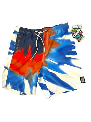 #ad NWT NEFF SWIM BOARD SHORTS Sz L TRUNKS HOT TUB RED BLUE TIE DYED ABSTRACT MENS $15.50