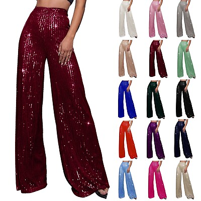 #ad Sequin Glitter Trousers Ladies High Elastic Waist Straight Party Wide Leg Pants $30.25