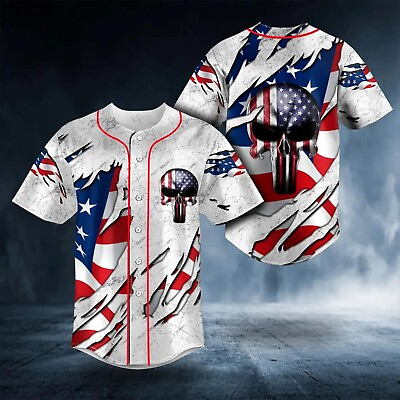 #ad American Flag Punisher Skull Baseball Jersey S 5XL $24.99