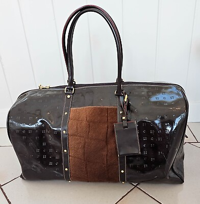 #ad Arcadia Duffle Weekender Bag Patent Leather amp; Calf Hair Brown w Gold Trim Italy $75.00