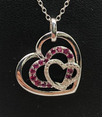#ad Sterling Silver 925 Triple Heart Pave Pink Ruby Diamond Illusion Swirl Necklace $31.60