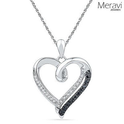 #ad NEW 925 Sterling Silver Heart Necklace CZ Pendant amp; Chain Women White Black Pave $24.90