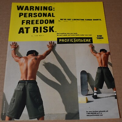 #ad 1999 Print Ad Pacific Sunwear man surf shorts Personal Freedom at risk Warning $14.98