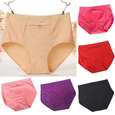 #ad Women Soft Cotton Briefs Panties Underwear With Zipper Pocket Solid Knickers AU $3.99