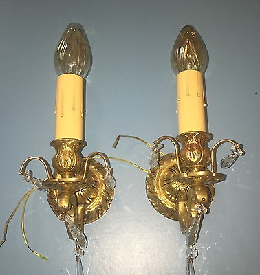 #ad Antique Heavy Brass Sconces Antique Wired Pair Electric Candles Glass Prisms 6B $420.00