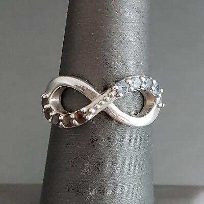 #ad Sterling Silver Infinity Symbol Ring Aquamarine Smoky Quartz Size 5.5 $14.95