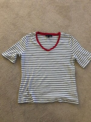 #ad Womens Tommy Hilfiger T shirt cotton L Navy stripes on White Red at v neck $5.99