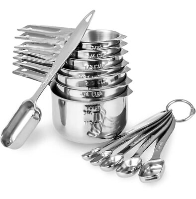 #ad 13 piece Measuring Cups and Spoons Set 18 8 Stainless Steel Heavy Duty Silver $20.89