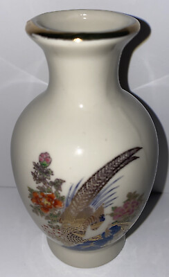 #ad Vintage Small Ceramic Japanese Oriental Peacock Floral Vase Gold Trim $8.48