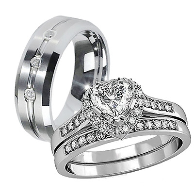 #ad Couple 3 Pcs Men#x27;s Tungsten Women#x27;s Stainless Steel Engagement Wedding Ring Set $27.49