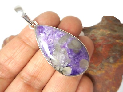 #ad Teardrop CHAROITE Sterling Silver 925 Gemstone PENDANT Gift Boxed GBP 79.00