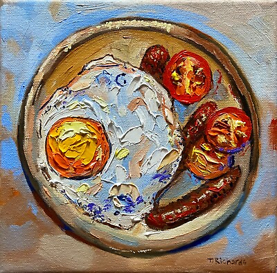 #ad Oil painting ORIGINAL art Fried egg Food breakfast still life MADE TO ORDER 8x8quot; $106.00