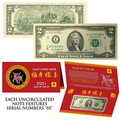 #ad 2021 CNY Chinese YEAR of the OX Lucky Money U.S. $2 Bill w Red Folder S N 88 $10.95