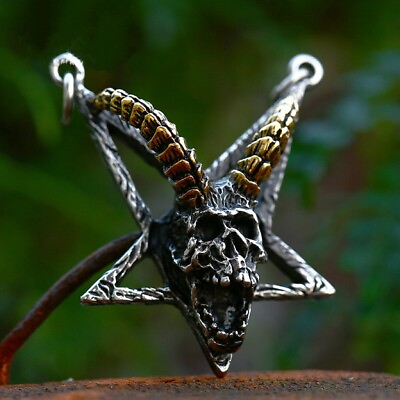 #ad Men#x27;s Baphomet Satanic Invert Pentagram Skull Pendant Necklace Stainless Steel $10.99