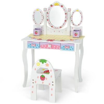 #ad Kids Princess Makeup Wooden Storage Dressing Table amp; Chair Set W Tri Fold Mirror $107.98