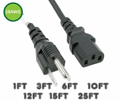 #ad 1 3 6 10 15 25 Ft 18AWG Premium 5 15P to C13 15A PC Power Cord TV Computer Cable $9.45