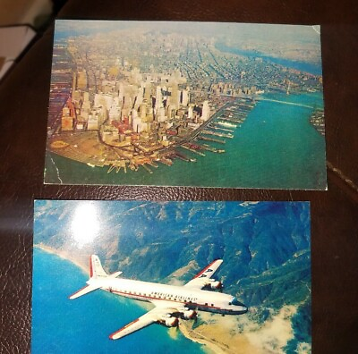 #ad 2 Vintage American Airlines Post Cards DC 7 amp; Aerial View Of New York City 1950s $10.00