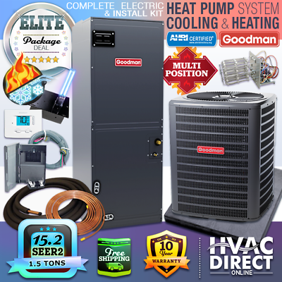 #ad Goodman 1.5 Ton 15.2 SEER2 Central Air Conditioner Heat Pump Split System Kit $3156.00