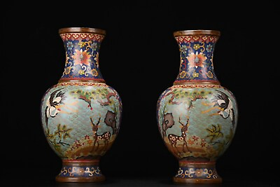 #ad 11.6quot; Vintage Chinese Copper Cloisonne Exquisite Deer Crane Pattern Vases A Pair $1299.99
