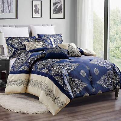 #ad HIG 7 Pieces Jacquard Floral Comforter Set Blue Block Patchwork Bed in Bag $62.99