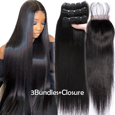 #ad Pre Plucked T Lace Closure with 3Bundles Virgin Human Hair Peruvian Weave Weft H $48.87