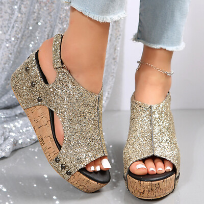 #ad Womens Hookamp;Loop Blink Wedge Heel Platform Sandals Casual Peep Toe Fashion Shoes $33.19