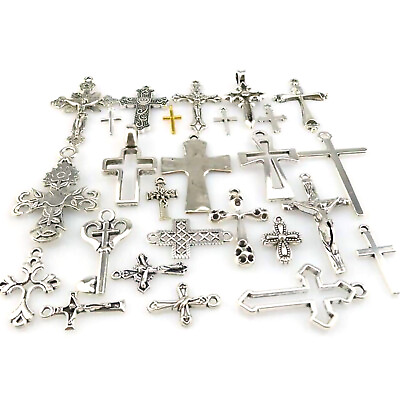 #ad 25Pack MIX Cross Pendant Vintage Antique Silver Tone Alloy Faith Religious Charm $9.16