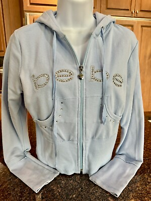 #ad Bebe Jacket Y2K Rhinestone Logo Hoodie Blue Large Sweatshirt Zip Front Pockets $19.50