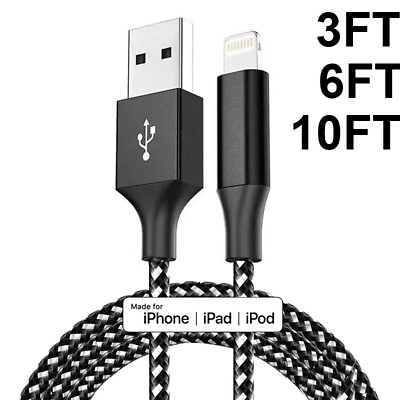 #ad Braided USB Cable For iPhone 5 6 7 8 11 12 XR X Long Fast Charger Charging Cord $13.99