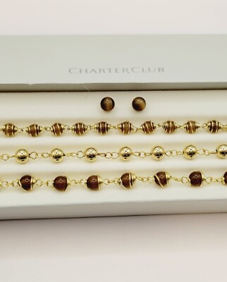 #ad Tiger Eye Ball Bracelet amp; Earrings Boxed 4 pc Set Lot Gold tone BOX SET $7.12