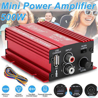 #ad 500W 12V 2 Channel Powerful Stereo Audio Power Amplifier HiFi Bass Amp Car Home $18.98