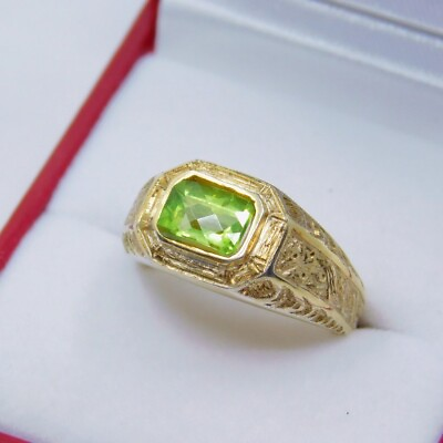#ad AAAA Peridot 7x5mm 1.35 Carats Heavy 14K Yellow gold Antique Vintage styled mens $1550.00
