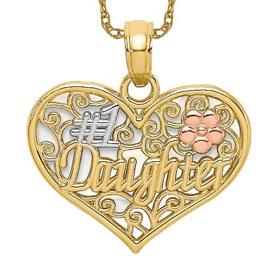 #ad 14K Two Tone Gold White Best Daughter Heart Love Flowers Necklace Charm Pendant $137.00