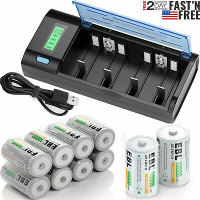EBL Lot D Size Cell Rechargeable 1.2V NI MH Batteries 10000mAh Battery Charger $12.99