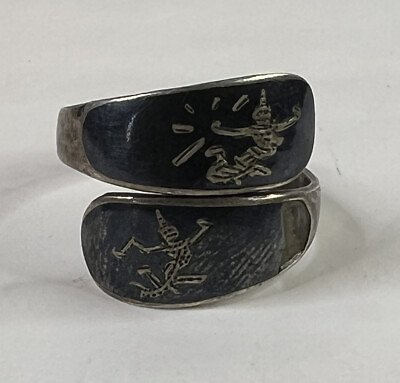 #ad Sterling Silver Siam Niello Thai Dancer Bypass Enamel Ring Size 5 $25.00