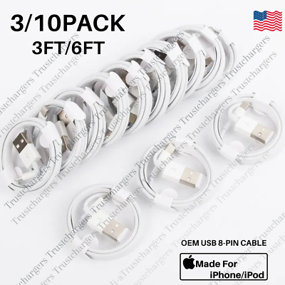 #ad 3 10PACK Lot USB Cable For Apple iPhone 14 13 12 11 8 7 6 X Charger Cord 3Ft 6Ft $11.32