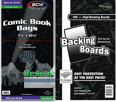 #ad 100 Silver Age BCW 2 Mil Resealable Comic Book Bags amp; E Gerber Backing Board Set $25.99