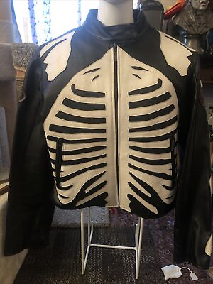 #ad Skeleton Leather Jacket Vintage Motorcycle Riding Leather Fur Skelton Ribs Coat $1749.00