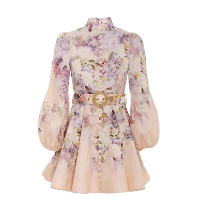 #ad Spring Women Floral Print Slim fit Dress Band Collar Lantern Sleeve Ruffle Skirt $57.17